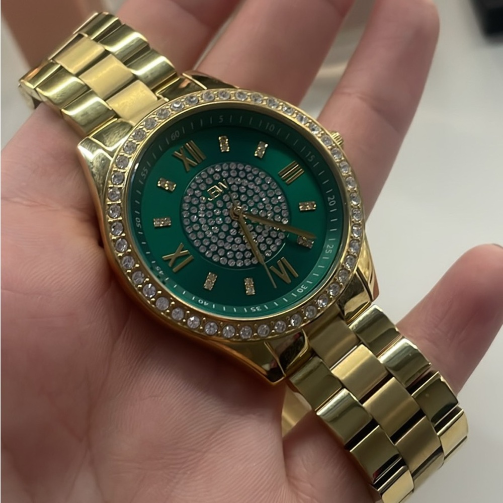 Gold and Green Watch with Crystal and Diamond Accents